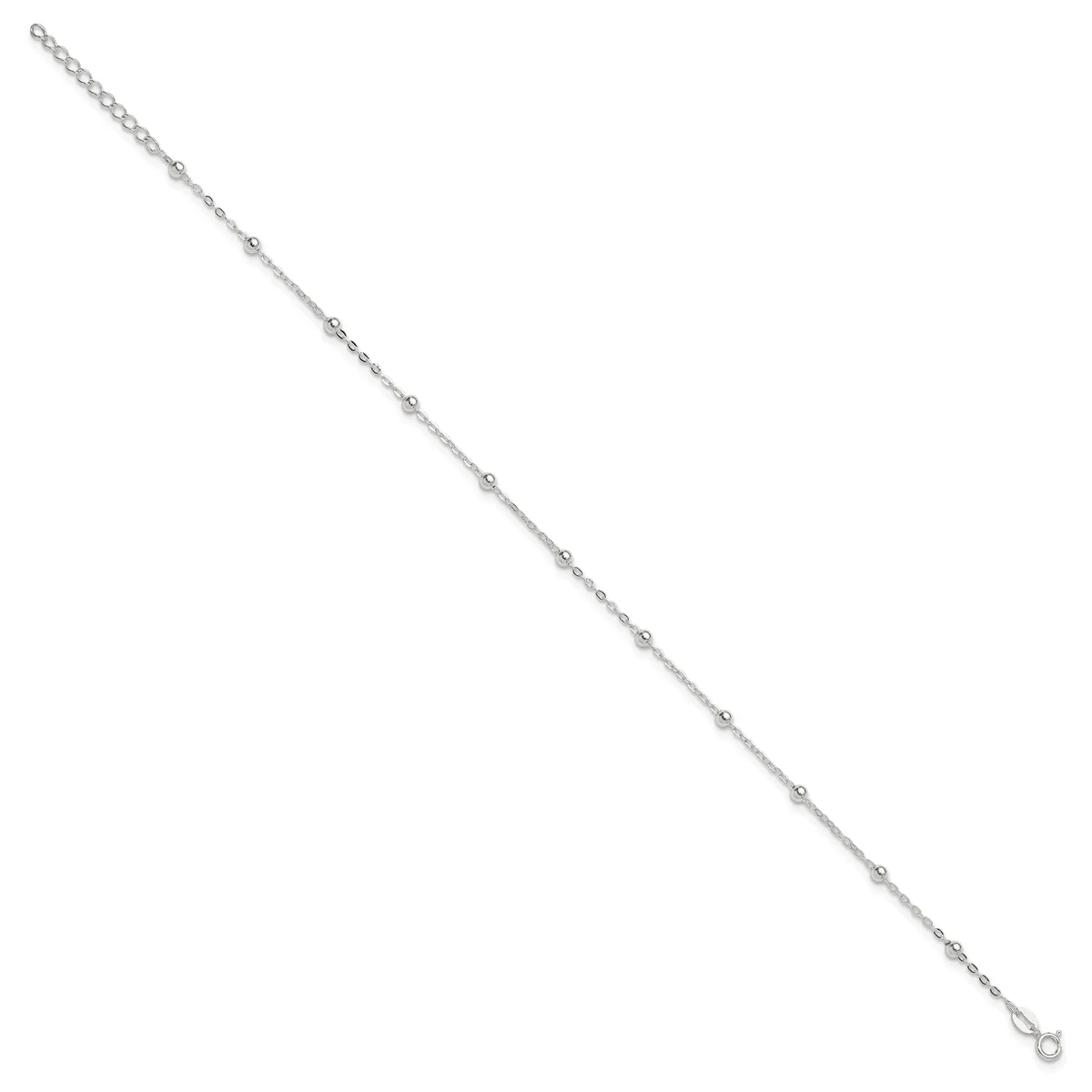 A silver-toned chain bracelet with small decorative beads evenly spaced throughout, displayed diagonally against a white background.