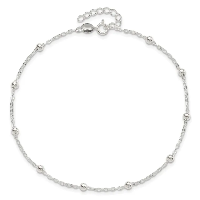 A delicate silver chain anklet with small beads spaced evenly throughout, featuring a spring ring clasp and extender chain at the top.