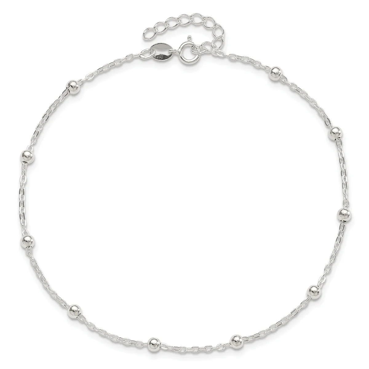 A delicate silver chain anklet with small beads spaced evenly throughout, featuring a spring ring clasp and extender chain at the top.