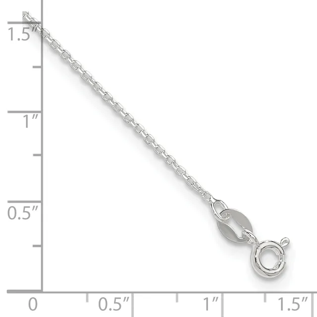 A silver chain necklace with a lobster clasp shown against a ruler measuring approximately 1.5 inches in length.
