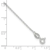 A silver chain necklace with a lobster clasp shown against a ruler measuring approximately 1.5 inches in length.