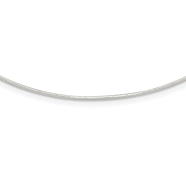 A curved silver chain necklace displayed against a white background.