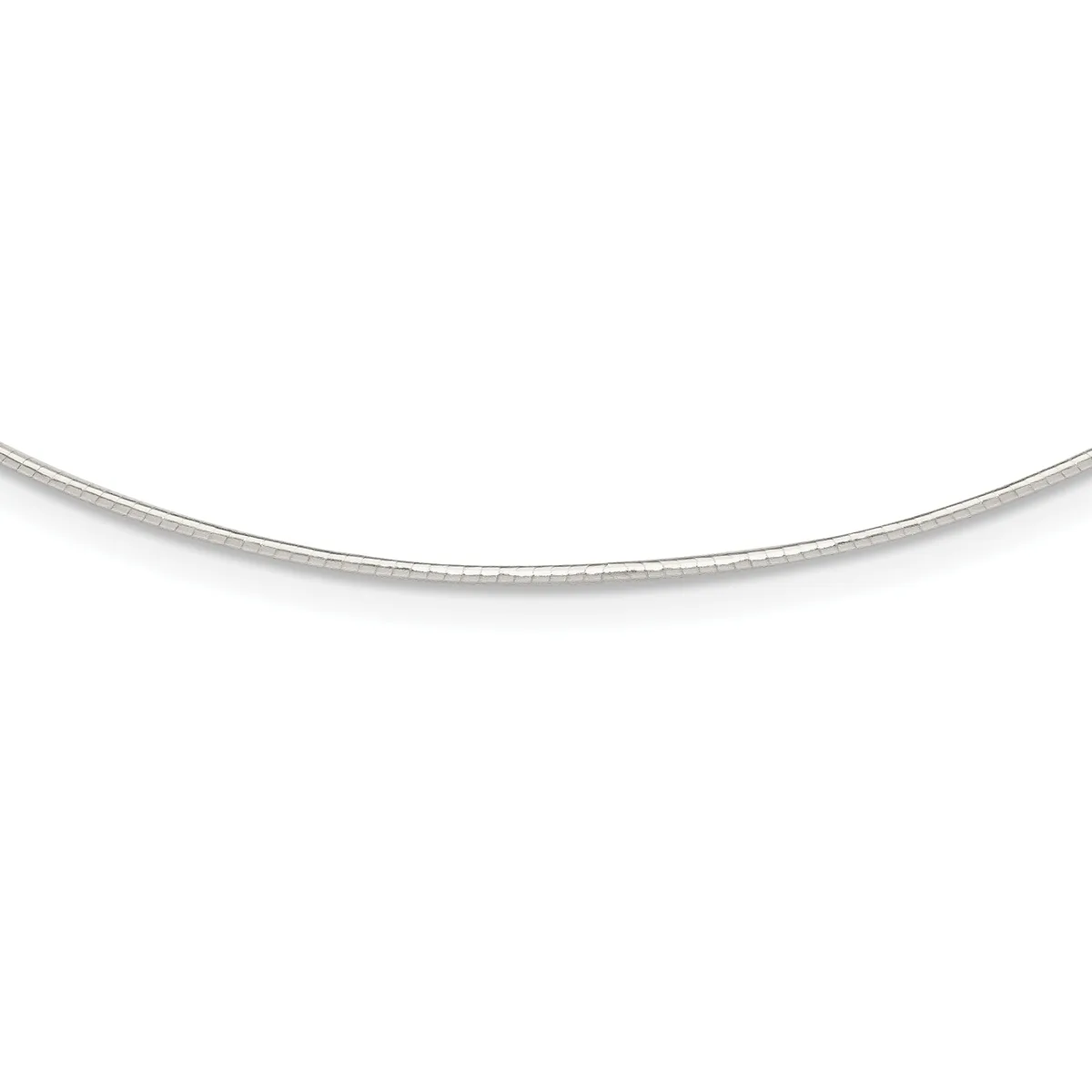A curved silver chain necklace displayed against a white background.