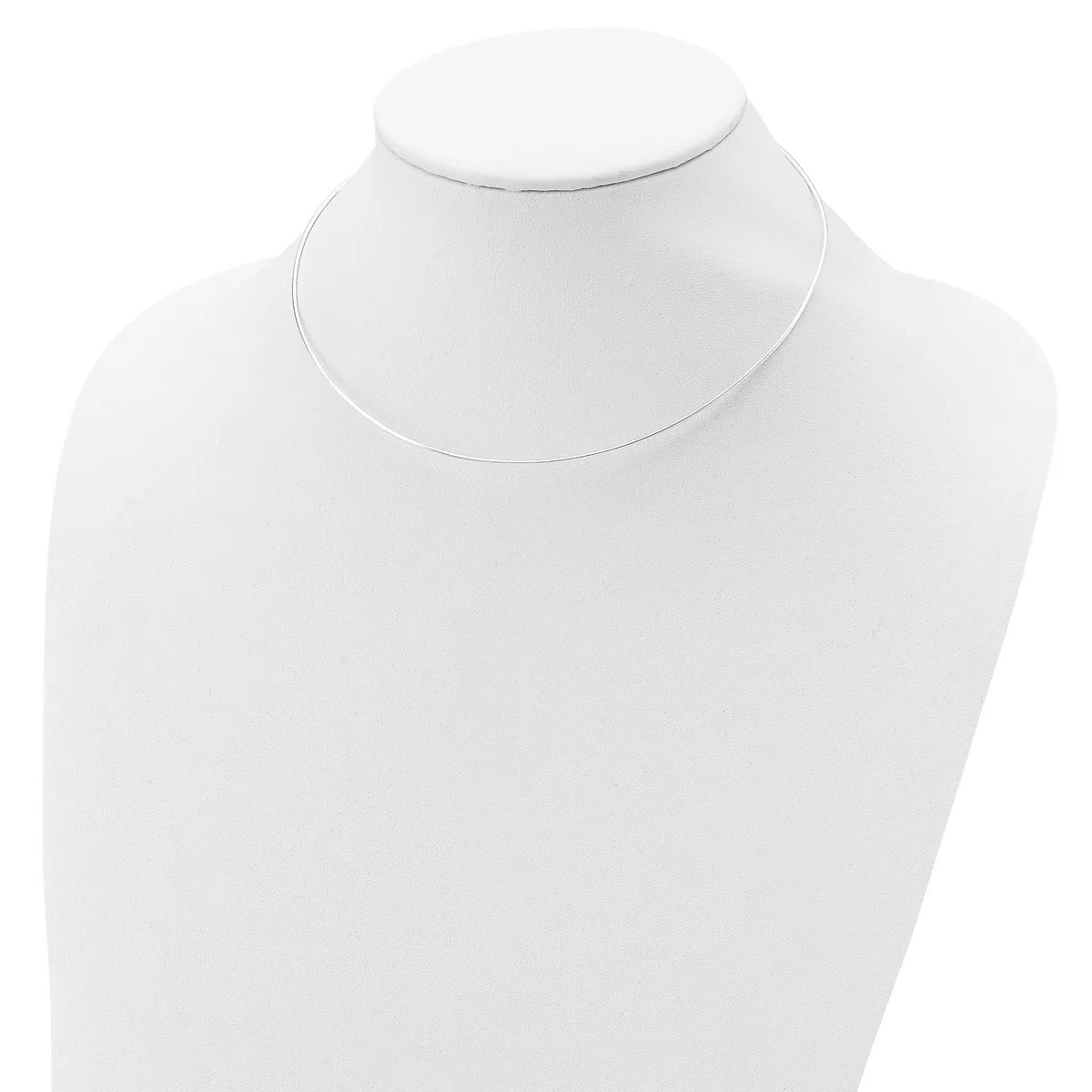 A delicate silver-toned choker necklace displayed on a white mannequin bust.