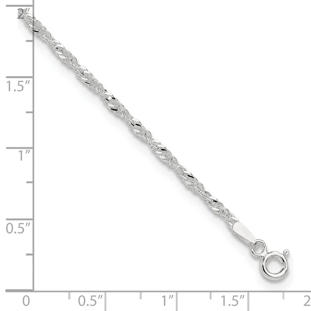 Silver bracelet with textured twisted design and spring ring clasp, displayed against a ruler showing approximately 2 inches in length.