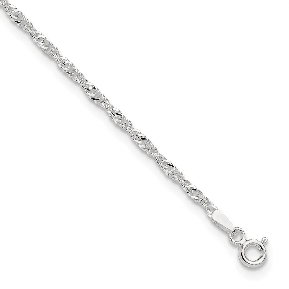 Silver chain bracelet with a textured, twisted pattern and a spring ring clasp, displayed diagonally against a white background.