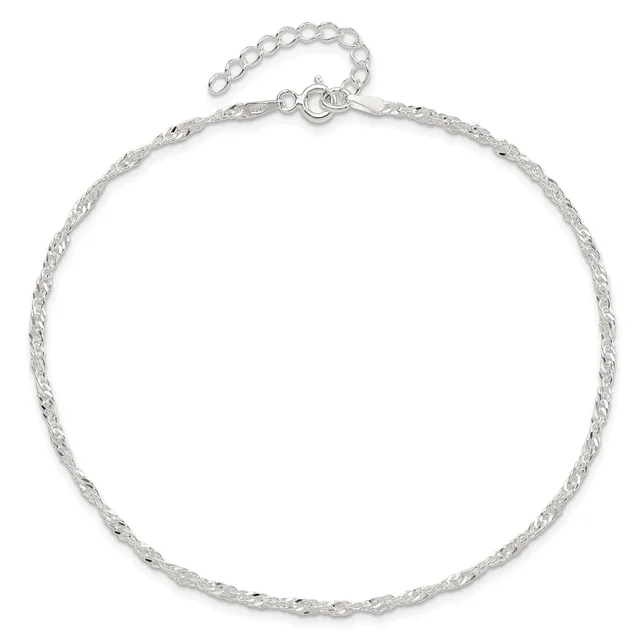 A silver twisted chain anklet with an adjustable extension chain and spring ring clasp, displayed laid out on a white background.