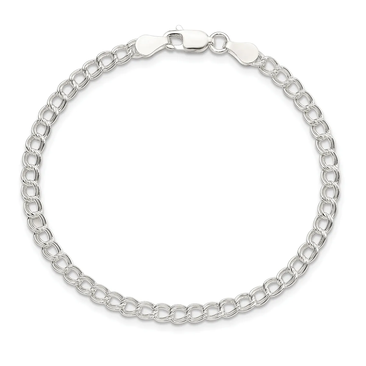 A silver curb chain bracelet with a lobster claw clasp, displayed against a white background.