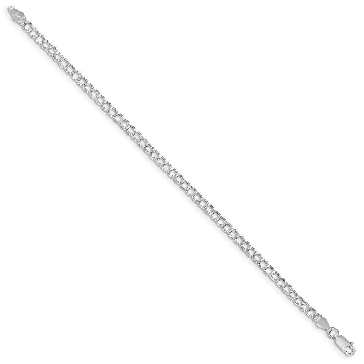 Silver curb chain bracelet with lobster claw clasp, displayed diagonally against a white background.
