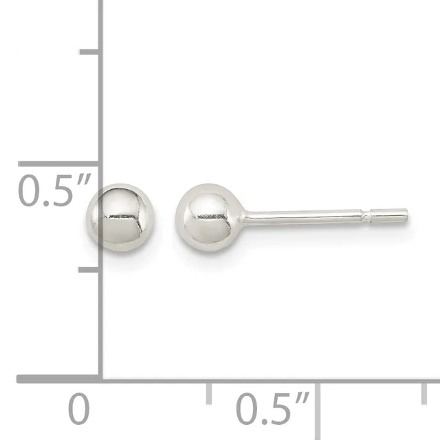 Pair of polished silver ball stud earrings displayed next to a ruler showing approximately 0.5 inch diameter.