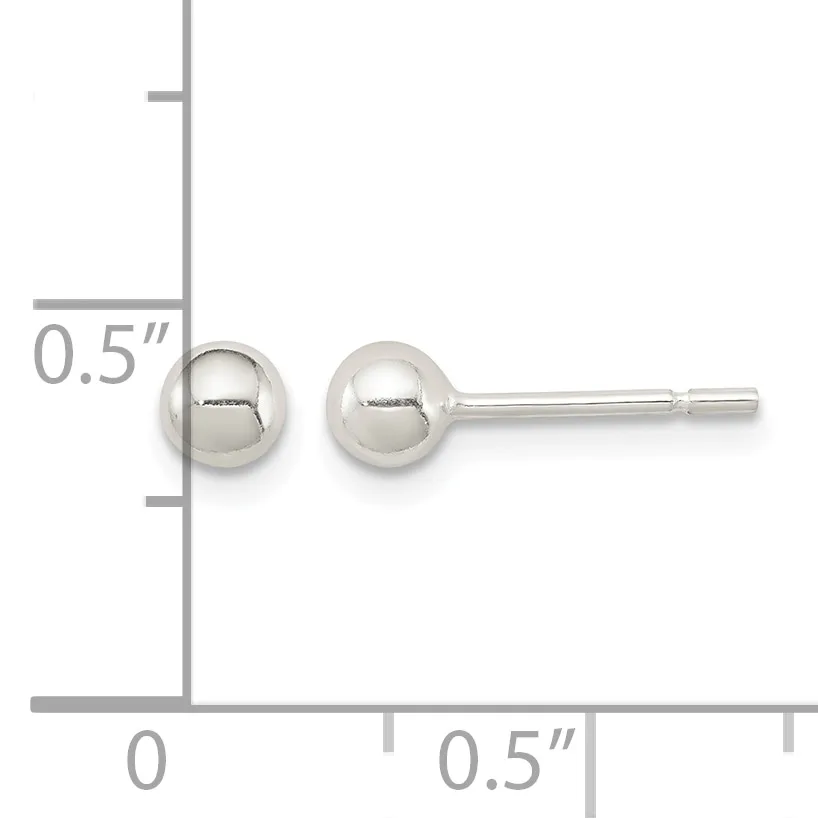 Pair of polished silver ball stud earrings displayed next to a ruler showing approximately 0.5 inch diameter.