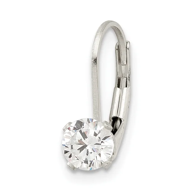 Silver leverback earring with a round clear cubic zirconia stone displayed against a white background.