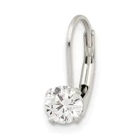 Silver leverback earring with a round clear cubic zirconia stone displayed against a white background.