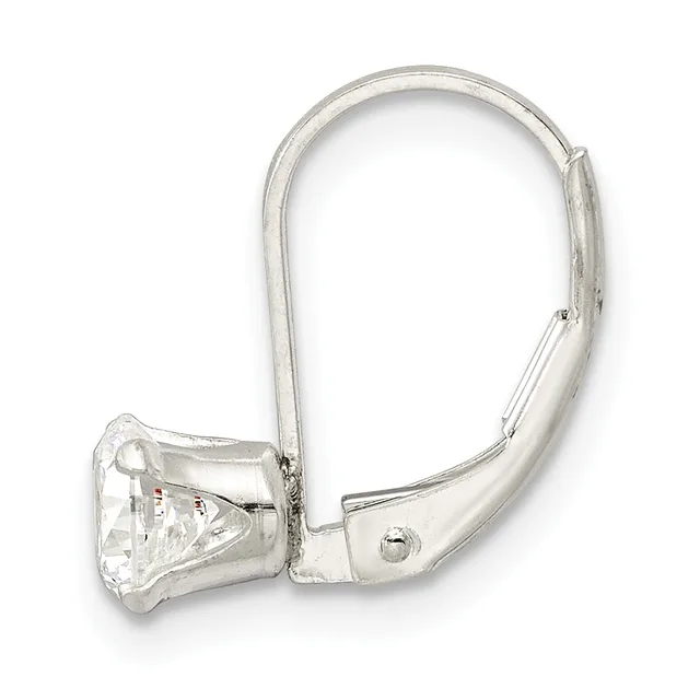 A pair of silver leverback earrings with cushion-cut cubic zirconia stones displayed against a white background.