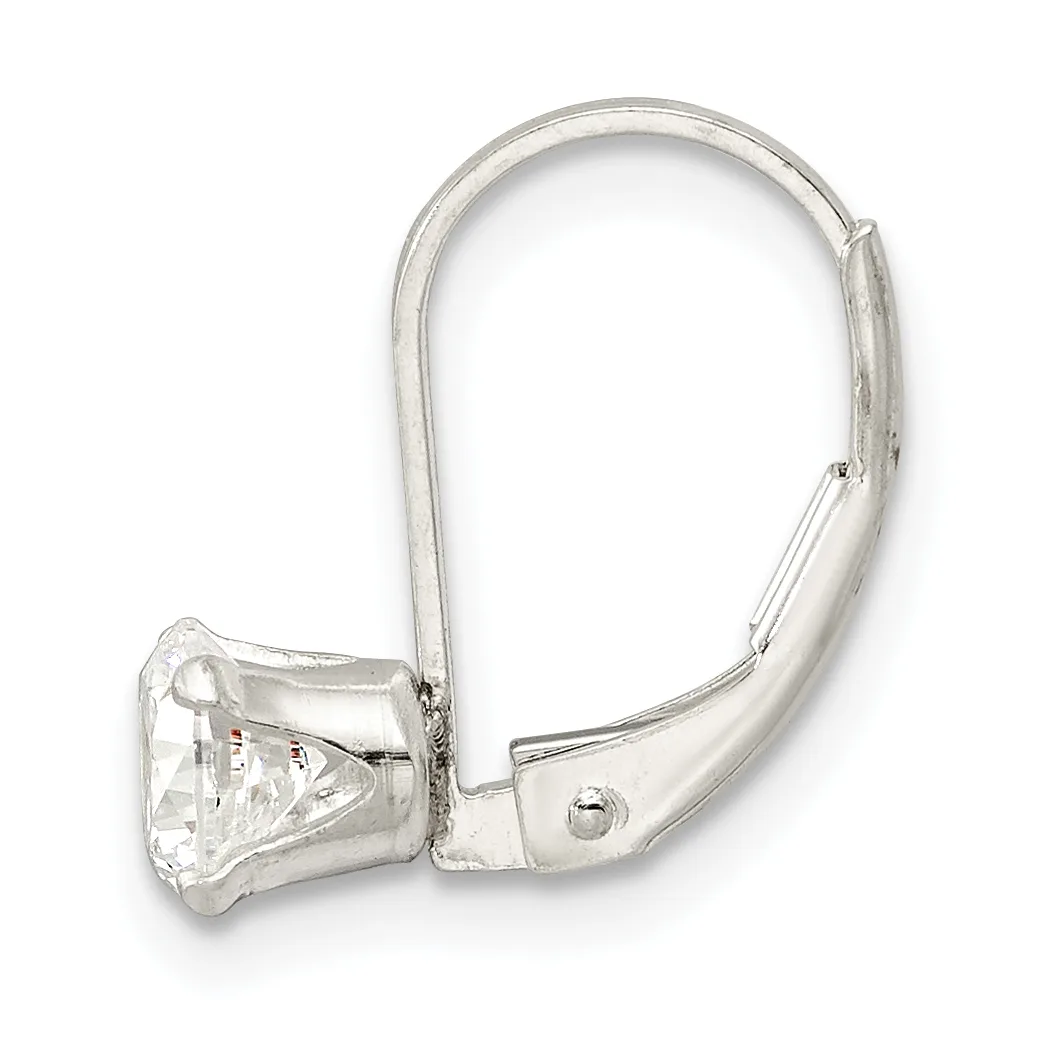 A pair of silver leverback earrings with cushion-cut cubic zirconia stones displayed against a white background.