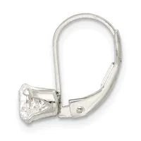 A pair of silver leverback earrings with cushion-cut cubic zirconia stones displayed against a white background.