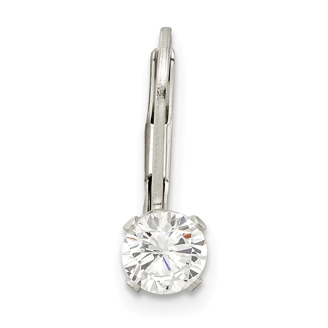 A silver pendant featuring a round brilliant-cut cubic zirconia stone suspended from a bail with a small stamped hallmark.