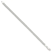 A silver curb link bracelet with lobster claw clasps at each end, displayed diagonally against a white background.