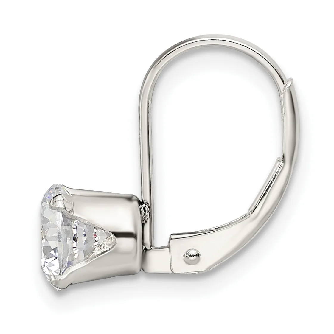 Silver lever-back earring with a polished cylindrical setting holding a faceted clear gemstone, shown against a white background.
