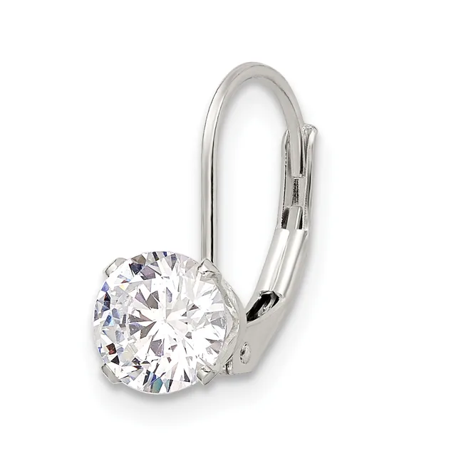 A pair of white metal leverback earrings, each featuring a round brilliant-cut clear gemstone in a four-prong setting.