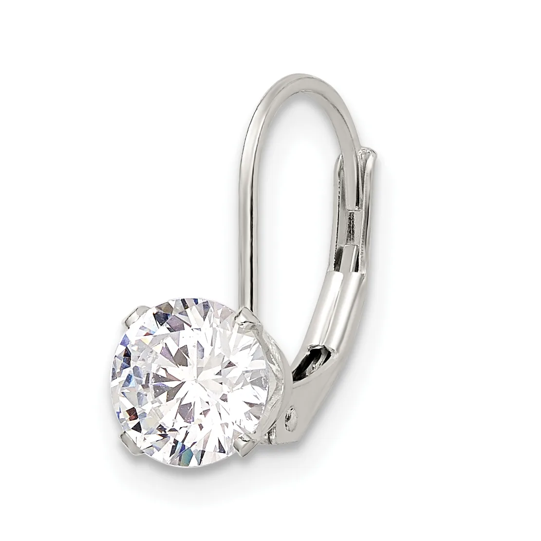 A pair of white metal leverback earrings, each featuring a round brilliant-cut clear gemstone in a four-prong setting.