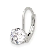 A pair of white metal leverback earrings, each featuring a round brilliant-cut clear gemstone in a four-prong setting.