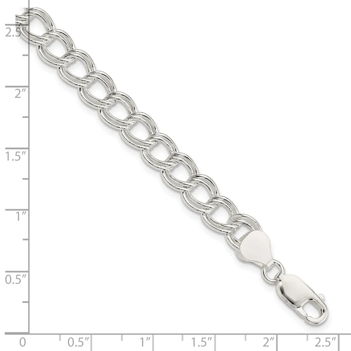 Silver-toned chain bracelet with interlocking oval links and a lobster claw clasp, displayed against a ruler showing approximately 2.5 inches in length.