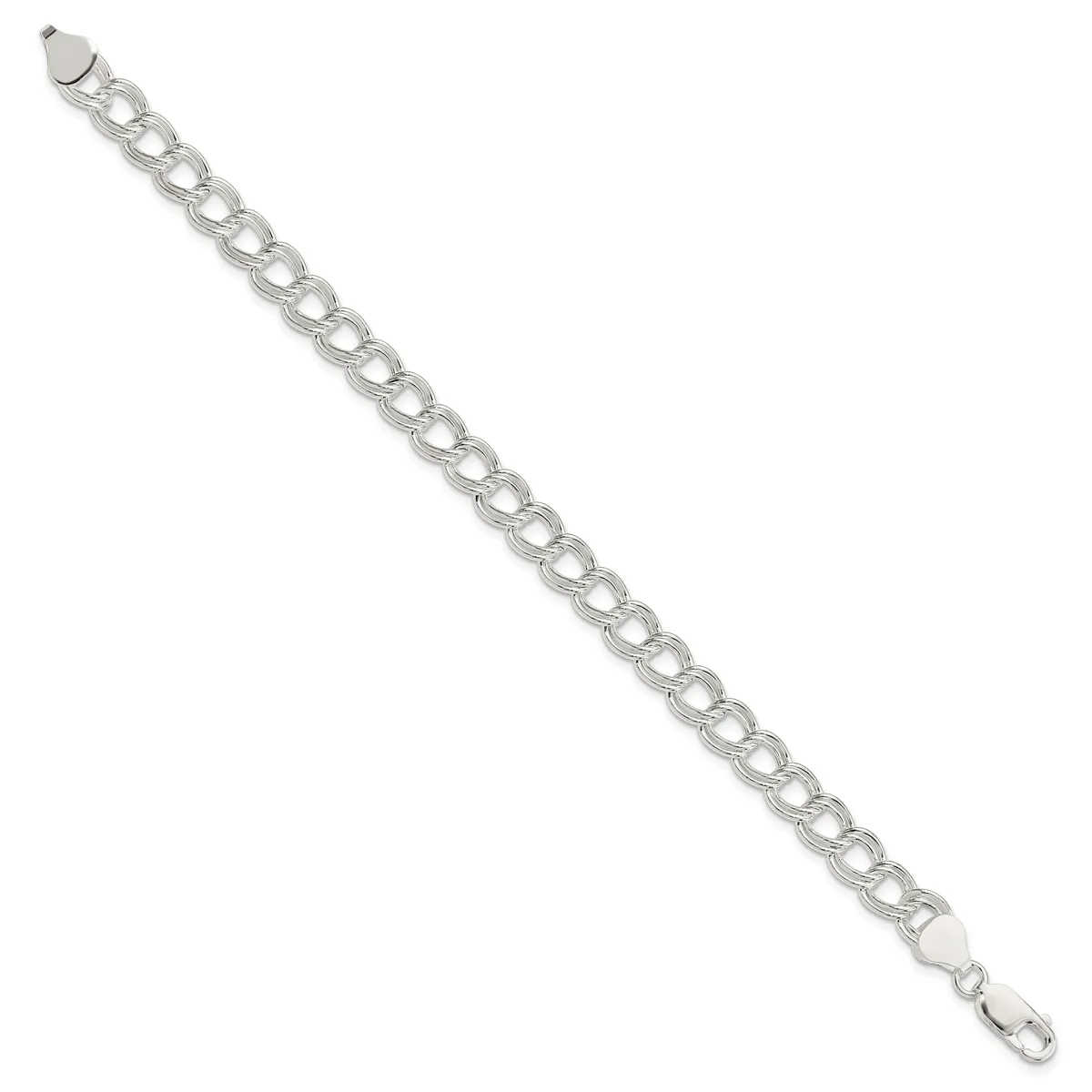 Silver-toned curb chain bracelet with a lobster claw clasp and jump ring closure, displayed diagonally against a white background.