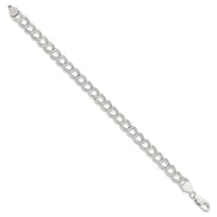 Silver-toned curb chain bracelet with a lobster claw clasp and jump ring closure, displayed diagonally against a white background.