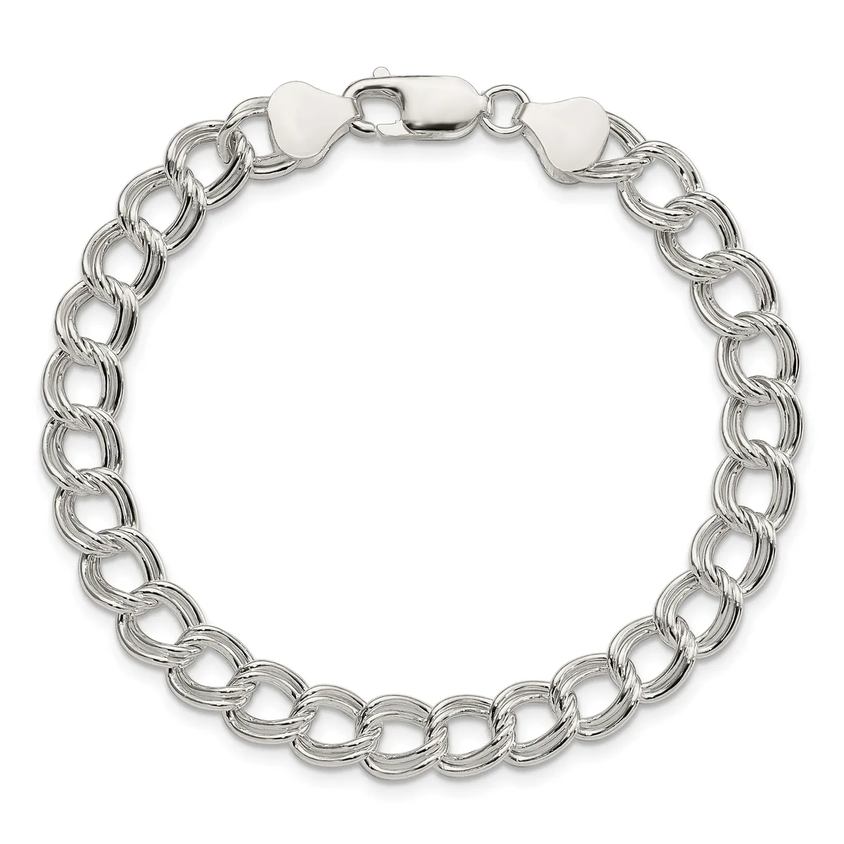 Silver-toned curb chain bracelet with interlocking oval links and a lobster claw clasp, displayed on a white background.
