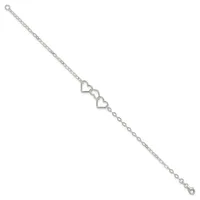 Silver-toned chain bracelet with two open heart charms connected by links in the center section, displayed against a white background.