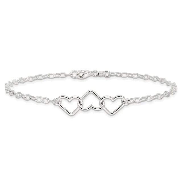 Silver-toned chain bracelet with three connected heart-shaped charms in the center and a lobster claw clasp.
