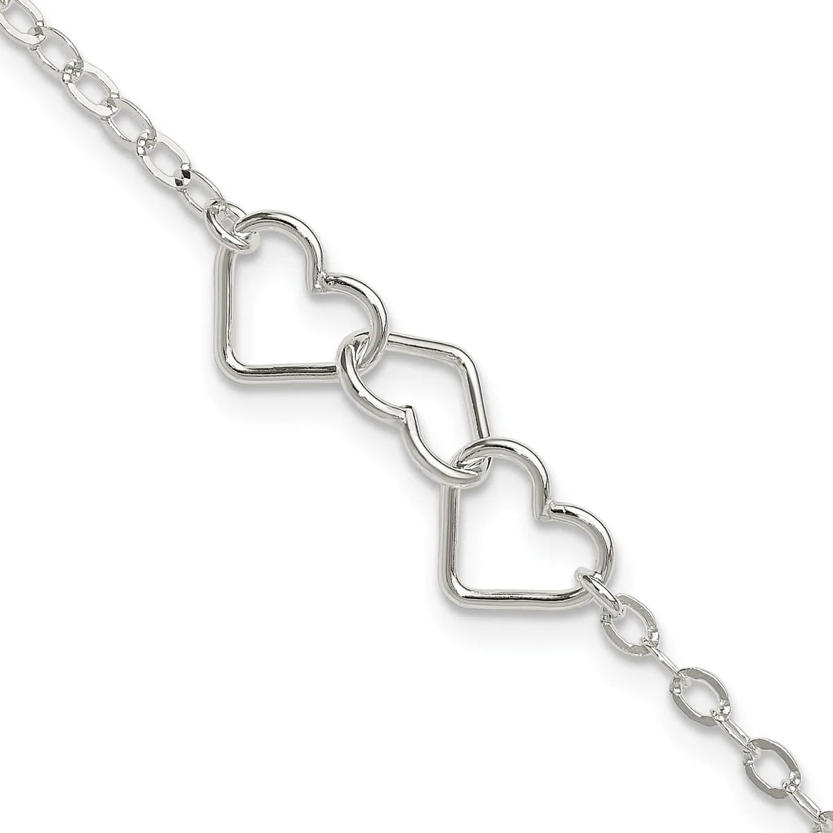 Silver-toned bracelet with two connected open heart charms hanging from a delicate chain link band.