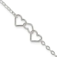 Silver-toned bracelet with two connected open heart charms hanging from a delicate chain link band.