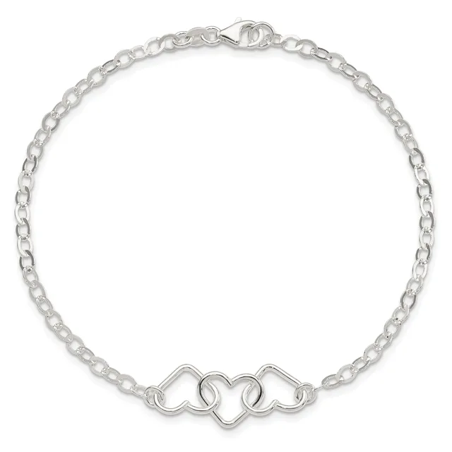 Silver chain bracelet with a lobster clasp and a decorative linked heart charm at the center.