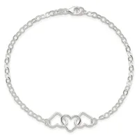 Silver chain bracelet with a lobster clasp and a decorative linked heart charm at the center.