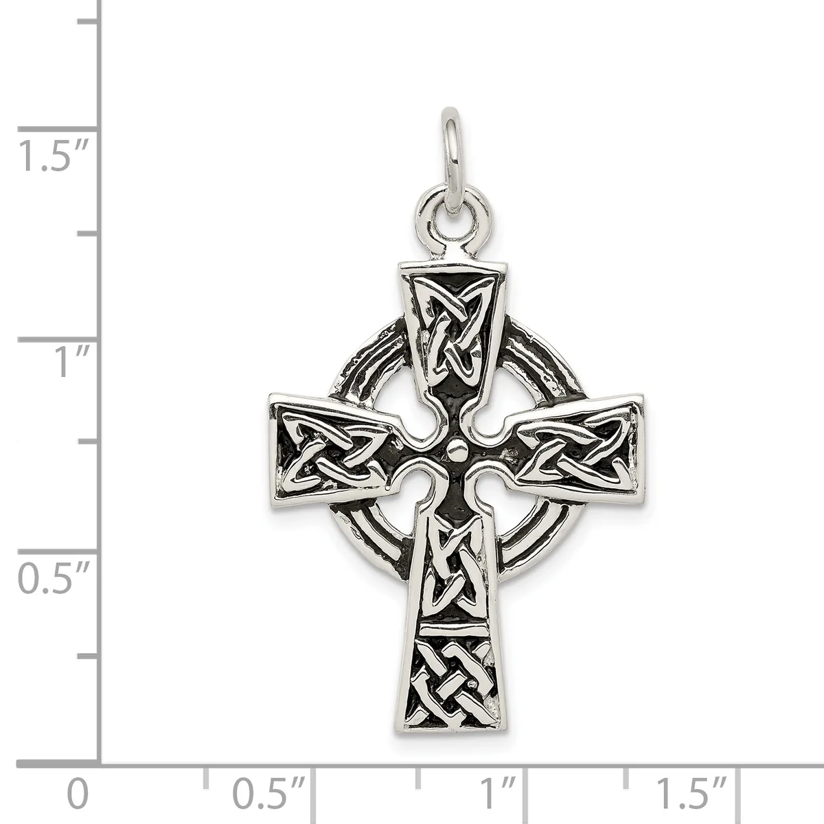 Sterling silver Celtic cross pendant with interlocking knotwork design and circular backing, shown against a measurement ruler indicating approximately 1.25 inches in height.