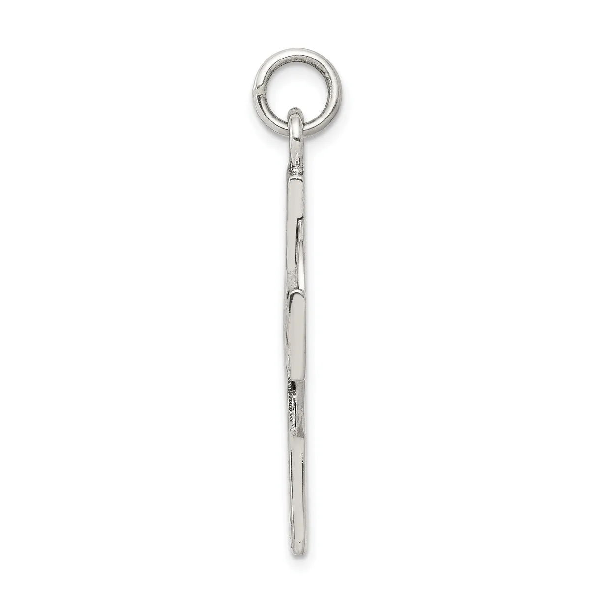 A long silver stick pendant with a small loop at the top, suspended from a round silver ring against a white background.