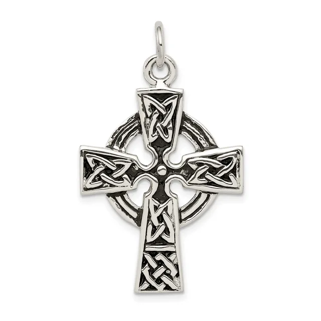 Sterling silver Celtic cross pendant with interlocking knotwork designs throughout, featuring a circular backing and a loop bail at the top.