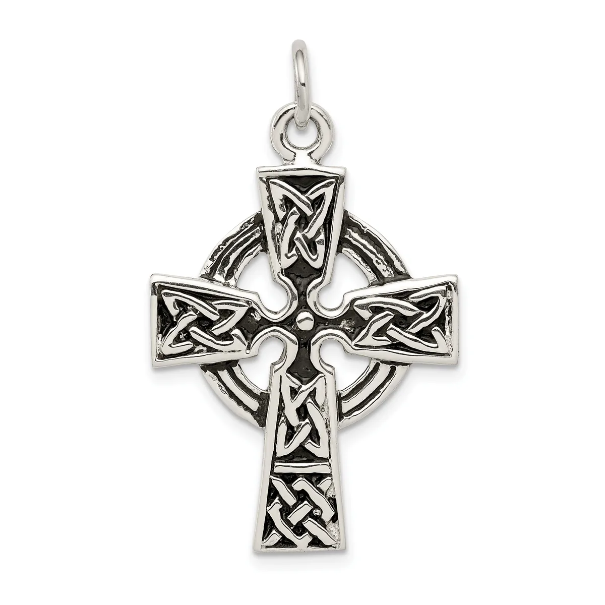 Sterling silver Celtic cross pendant with interlocking knotwork designs throughout, featuring a circular backing and a loop bail at the top.