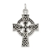 Sterling silver Celtic cross pendant with interlocking knotwork designs throughout, featuring a circular backing and a loop bail at the top.