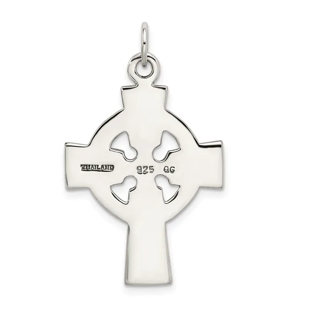 Sterling silver Celtic cross pendant with four heart-shaped cutouts arranged in a circle, shown hanging from a bail loop.