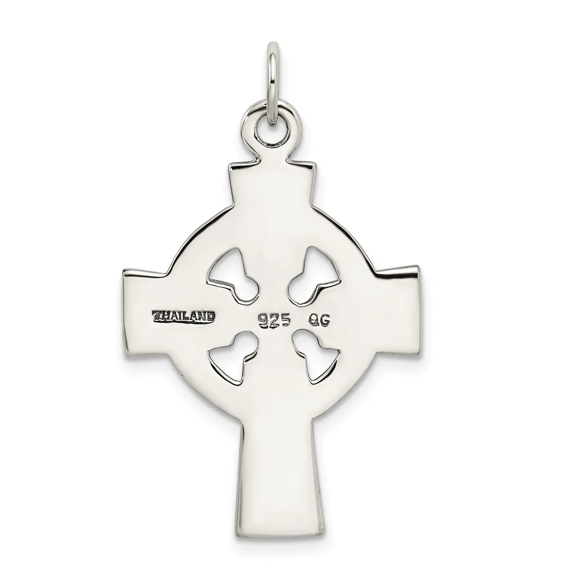 Sterling silver Celtic cross pendant with four heart-shaped cutouts arranged in a circle, shown hanging from a bail loop.
