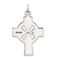 Sterling silver Celtic cross pendant with four heart-shaped cutouts arranged in a circle, shown hanging from a bail loop.