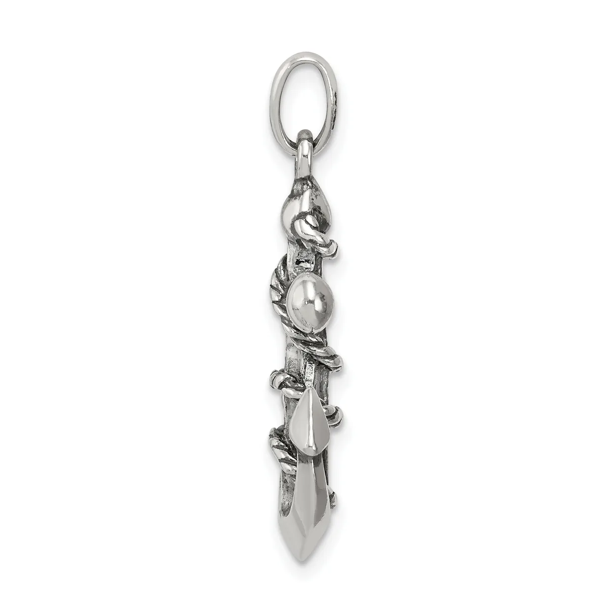 Silver pendant charm featuring a sword with decorative vine or serpent wrapping, a pearl or stone accent, and an oval loop attachment at the top.