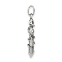 Silver pendant charm featuring a sword with decorative vine or serpent wrapping, a pearl or stone accent, and an oval loop attachment at the top.