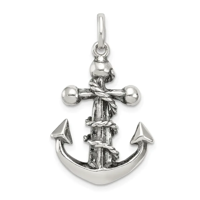 A silver anchor pendant with rope wrapped around the shaft and a small loop at the top for hanging.