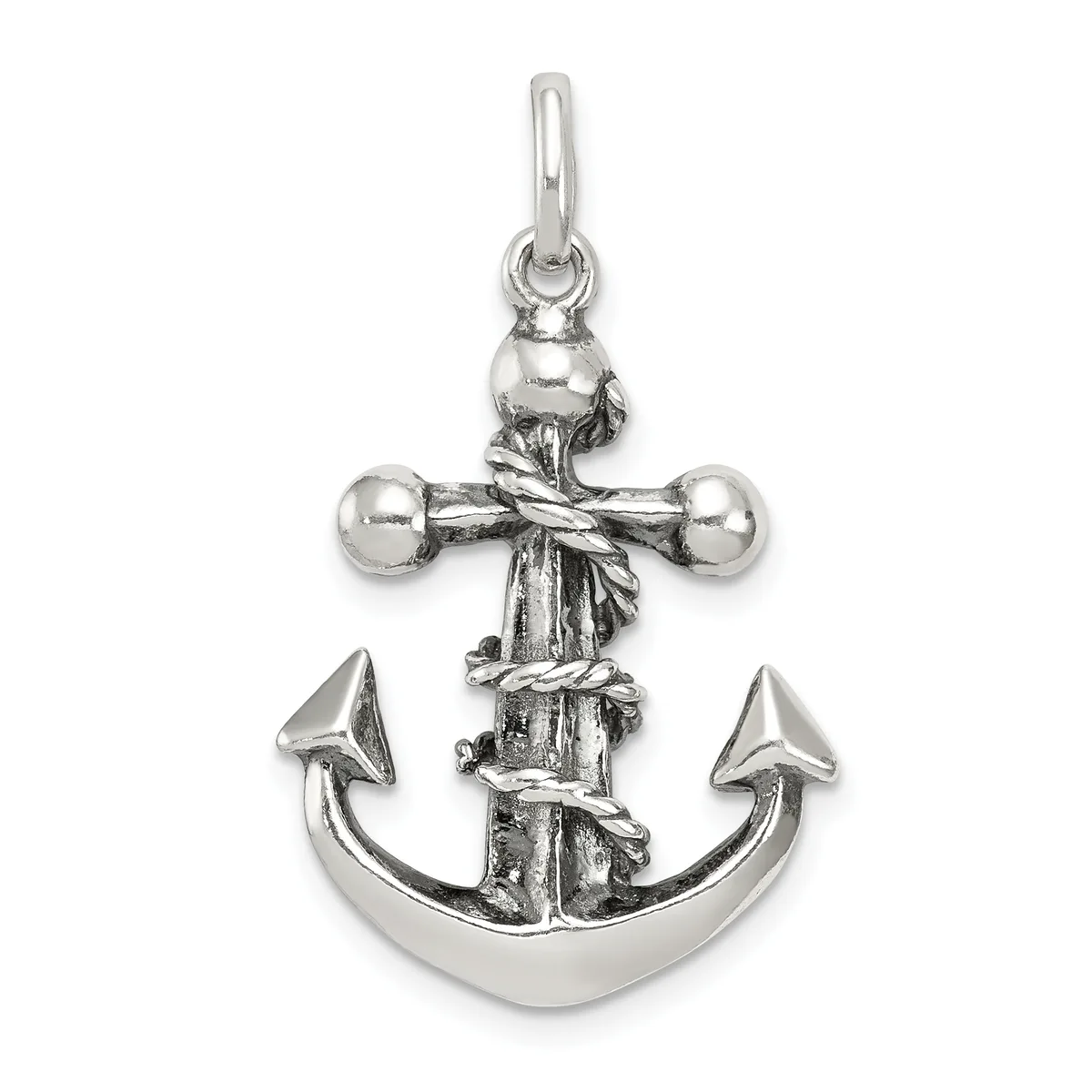 A silver anchor pendant with rope wrapped around the shaft and a small loop at the top for hanging.