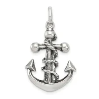 A silver anchor pendant with rope wrapped around the shaft and a small loop at the top for hanging.