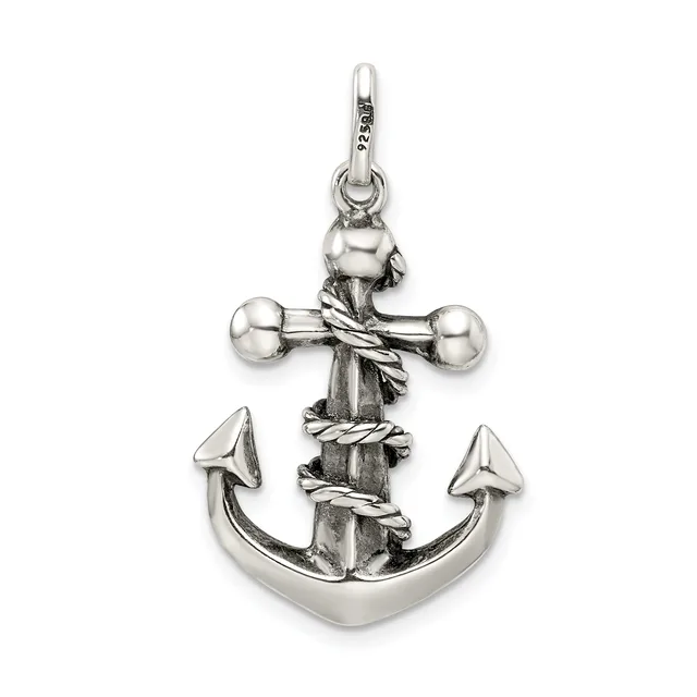 Sterling silver anchor pendant with rope detailing around the cross-beam and a small loop at the top for hanging.